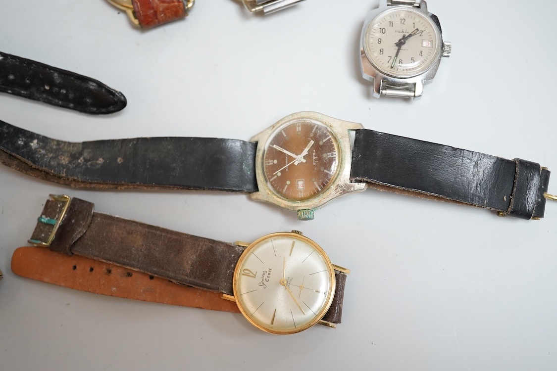 Eight assorted mainly gentleman's wrist watches, including a steel and gold plated Trident, Fero and over sized Citron.